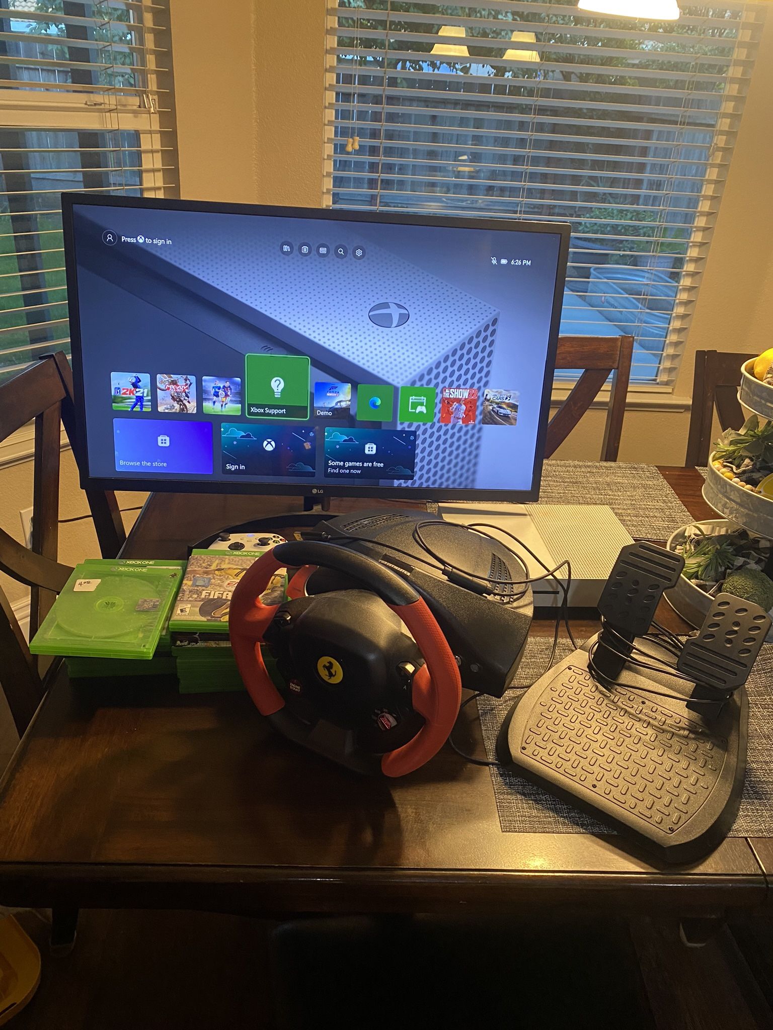 X Box One S Bundle 2 Controllers 15 Games 28 Inch LG Monitor Racing Wheel