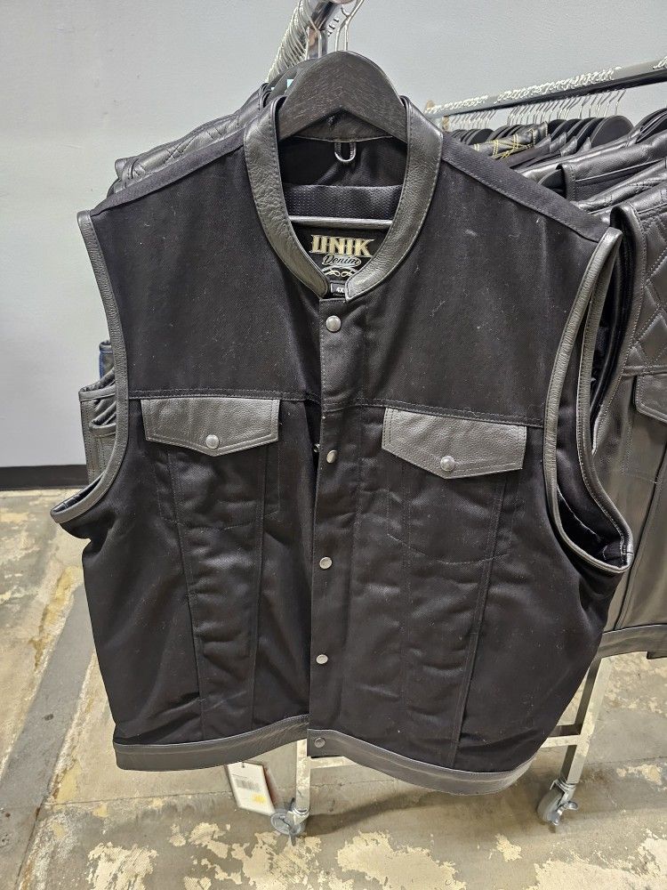 Mens Denim Vest With Leather Trim