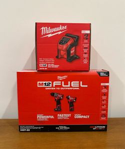 Milwaukee M12 Fuel Brushless Cordless Hammer Drill and Impact Driver Combo Kit and Compact Inflator **Brand New**