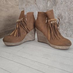 Women's Jolimall 4" Wedge Heels Brown Tan Fringe Booties Size 7