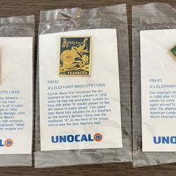 3x NEW VTG- Unocal 76 promotional pins featuring Oakland Athletics elephant mascot designs