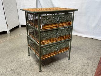 Rustic Patina Green 3-Drawer Metal & Weave Side Table