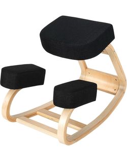 Ergonomic Kneeling Chair, Rocking Posture Desk Chair with Soft Padding, Natural Relief for Neck, Shoulder or Back Pain, Wooden Knee Chair for Home Off