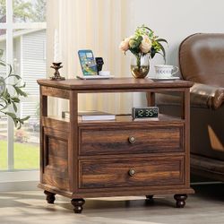 Farmhouse Nightstand with Charging Station, 24" Wide End Table with 2 Drawers
