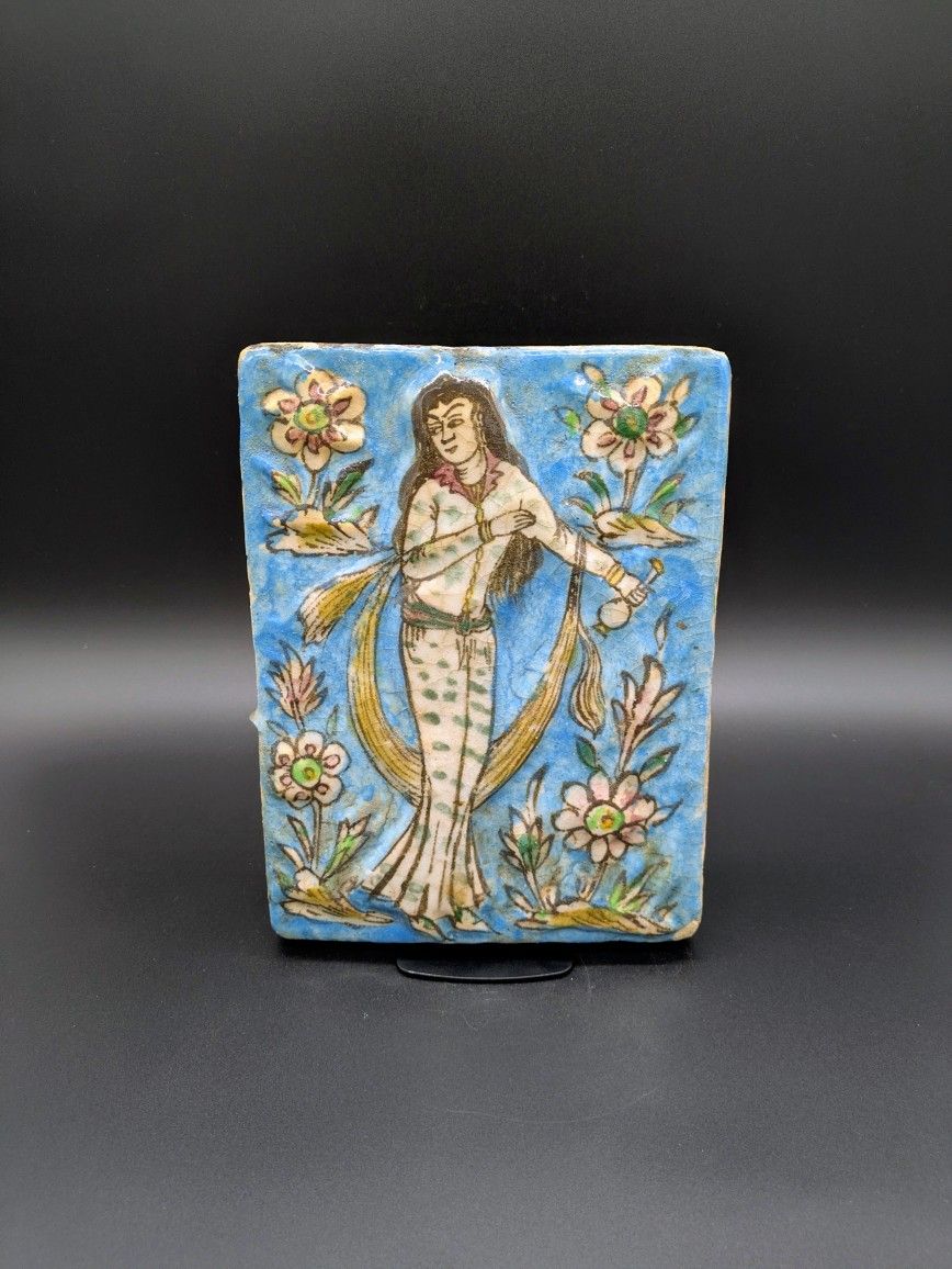 C. 1800s Persian Polychrome Ceramic Tile: Qajar Period