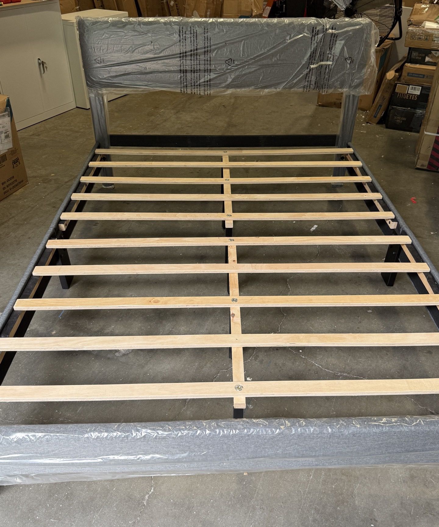 Queen Bed Frame, Platform Bed Frame Queen Size with Dark Gray Fabric Upholstered Headboard and Slats Support, Bedroom Furniture, No Box Spring Needed,