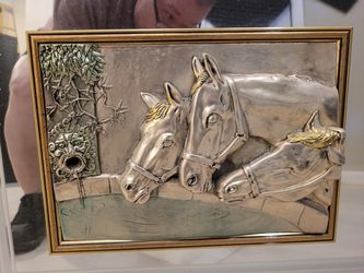 Italian Artist Sculpture Bordon Silver Covered Frame Mirro Horses