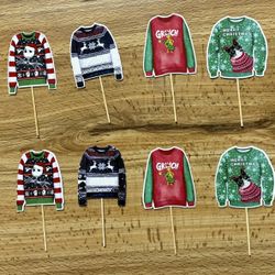  Christmas Ugly  Sweater Themed Cupcake Toppers Lot Of 12