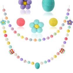 Easter Ball Garlands 2 Pieces Colorful Pom Garlands Wool Felt Ball Hanging Pom Banner Decor Egg Felt Easter Flower Banner for Tree Home Yard Party Dec
