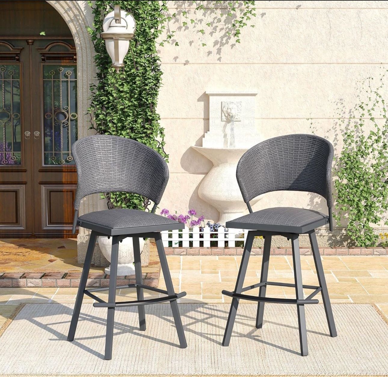 Patio Swivel Bar Stools Set of 2, Outdoor Wicker Bar Chairs with Backrest and Metal Frame for Bistro Lawn Garden, Grey