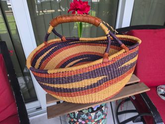 VTG XL African Handwoven Bolga Multicolor Basket w/ leather wrap handle