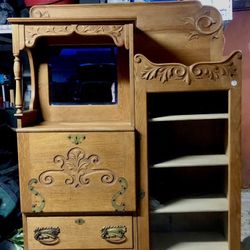 Antique Side By Side Drop Front Oak Secretary