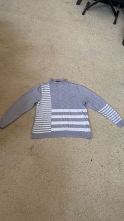 Gray & White Cable Knit Striped Sweater