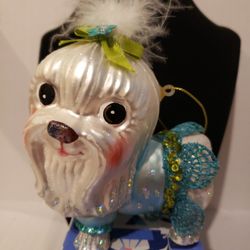 Pomeranian Puppy Dog Stanley Glass Tree Ornament Feather Glittery  Xmas M