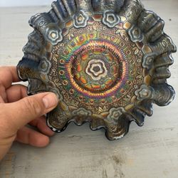 Antique Carnival Glass Amethyst Ruffled Bowl
