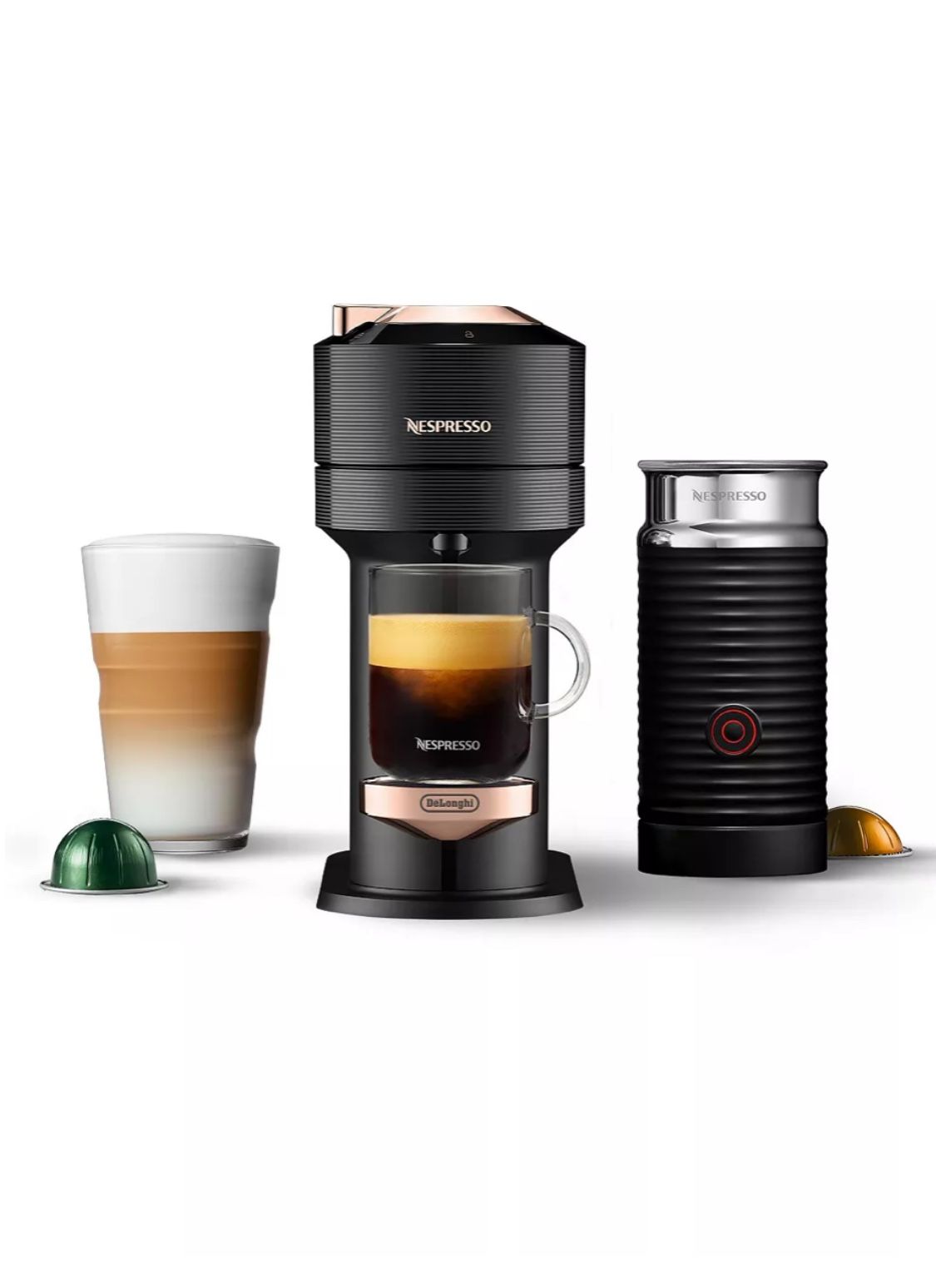 NESPRESSO Vertuo Next Premium Coffee and Espresso Maker by DeLonghi, Black Rose Gold with Aeroccino Milk Frother