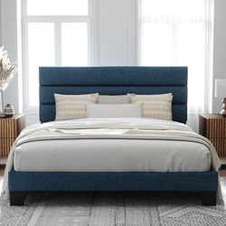 King Size Platform Bed Frame with Fabric Upholstered Headboard and Wooden Slats Support, Fully Upholstered Mattress Foundation/No Box Spring Needed/Ea