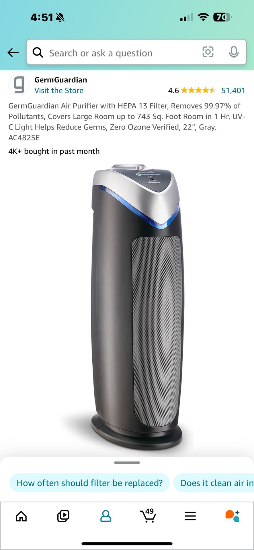 GermGuardian Air Purifier with HEPA 13 Filter, Removes 99.97% of Pollutants