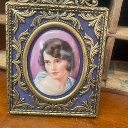 Antique Italian Porcelain Miniature Handpainted d Cameo In Brass Frame 5"