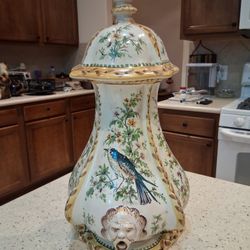 Italian Ornate hand-painted porcelain vessel with lid and grotesque spout.