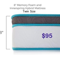 New Twin 8 Inch Memory Foam and Spring Hybrid Mattress - Medium Firm Feel - Bed in a Box - 