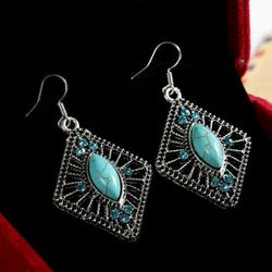 Tribal Tibetan Sterling Silver Turquoise Rhinestone Rhombic Pave Earrings