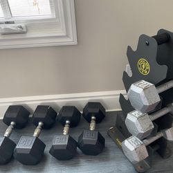 Dumbbells with Gold’s Gym Rack 2x40, 2x30, 2x25, 2x20, 2x15 290# Total