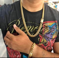 Diamond Lock Cuban Link Set 14K Gold Plated Doesn't Loses Color