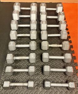 The Couple's Set... Cast Iron Hex Dumbbells: 5s, 8s, 10s, 12s, 15s, 20s, 25s and 30 pounders. Brute W= 250#