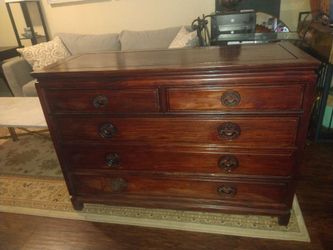 Asian Style Dark Wood Dresser with Brass Hardware