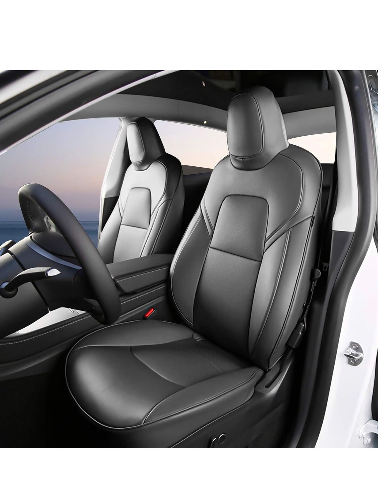 BASENOR 2024 Upgrade Tesla Model Y Seat Cover Black Leather Car 5-Seater Cushion Protector Custom Fit for Tesla Model Y 2020 2021 2022 2023 2024 Black