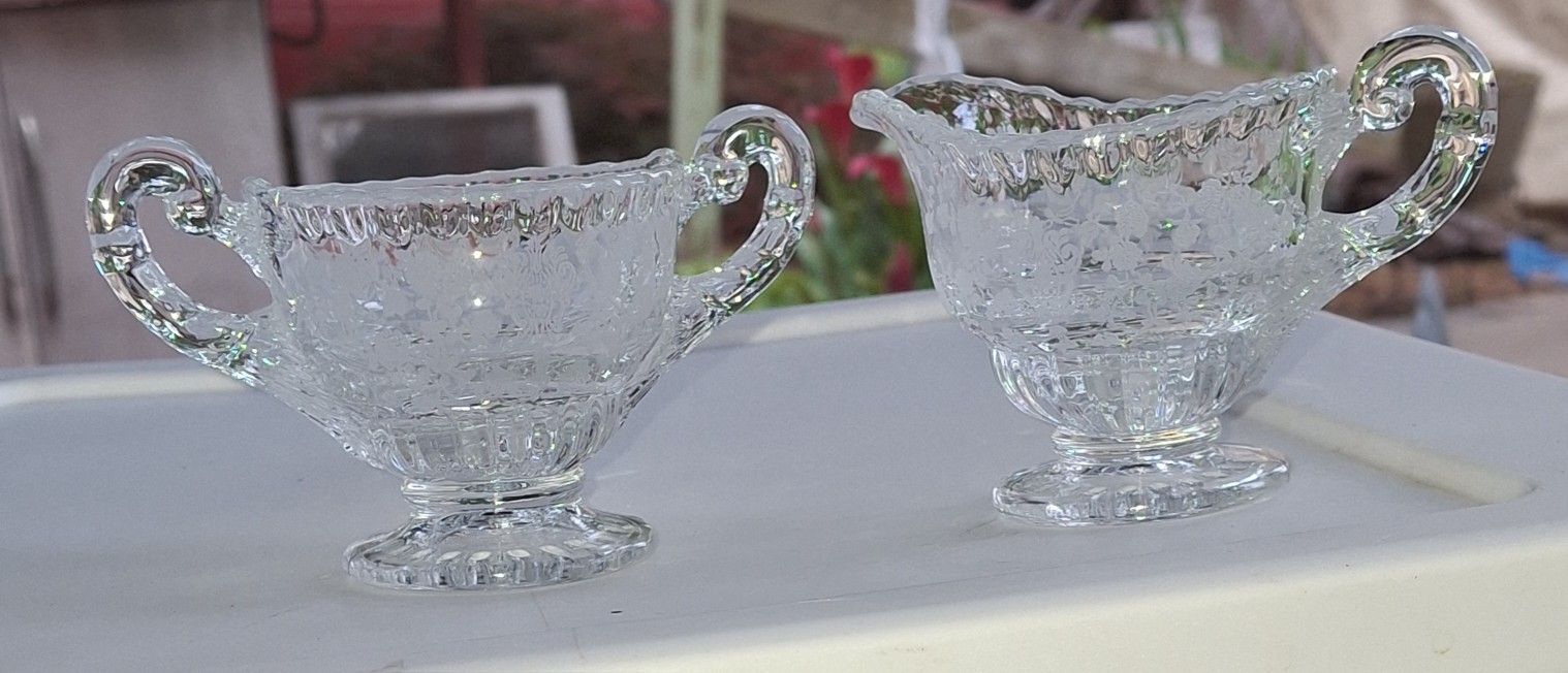 Cambridge Glass Rose Point Creamer And Sugar Bowl Set