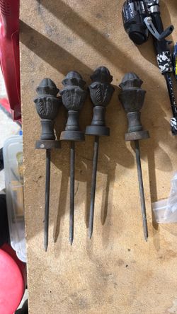 Antique Garden Salvage-4 Cast Iron Hose Guide Stakes W/Fence Post Finial...