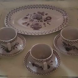Johnson Brothers Jamestown Brown Three Cups And Saucers And Platter