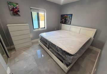 King Size BED FRAME Platform Bed Frame with Slats hand made wooden headboard only white FREE DELIVERY // DRESSER SOLD SEPARATELY