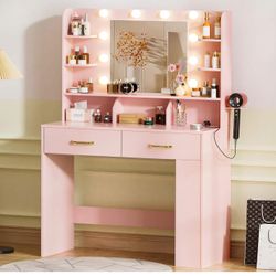 Vanity Desk with Lighted Mirror and Power Outlet, RGB LED Lights Makeup Vanity Set for Girls, Large Storage Capacity Dressing Table for Bedroom, 3 Lig