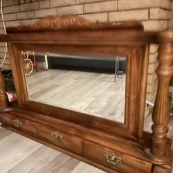 Beautiful Antique Beveled Mirror With Real Wood Frame And Drawers