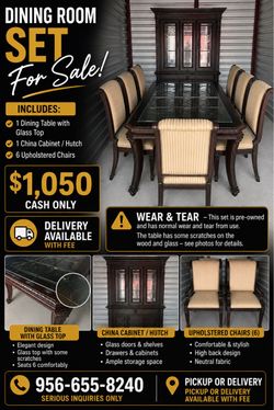 Beautiful Dining Room Set w/ Glass Top Table, 6 Chairs & China Cabinet