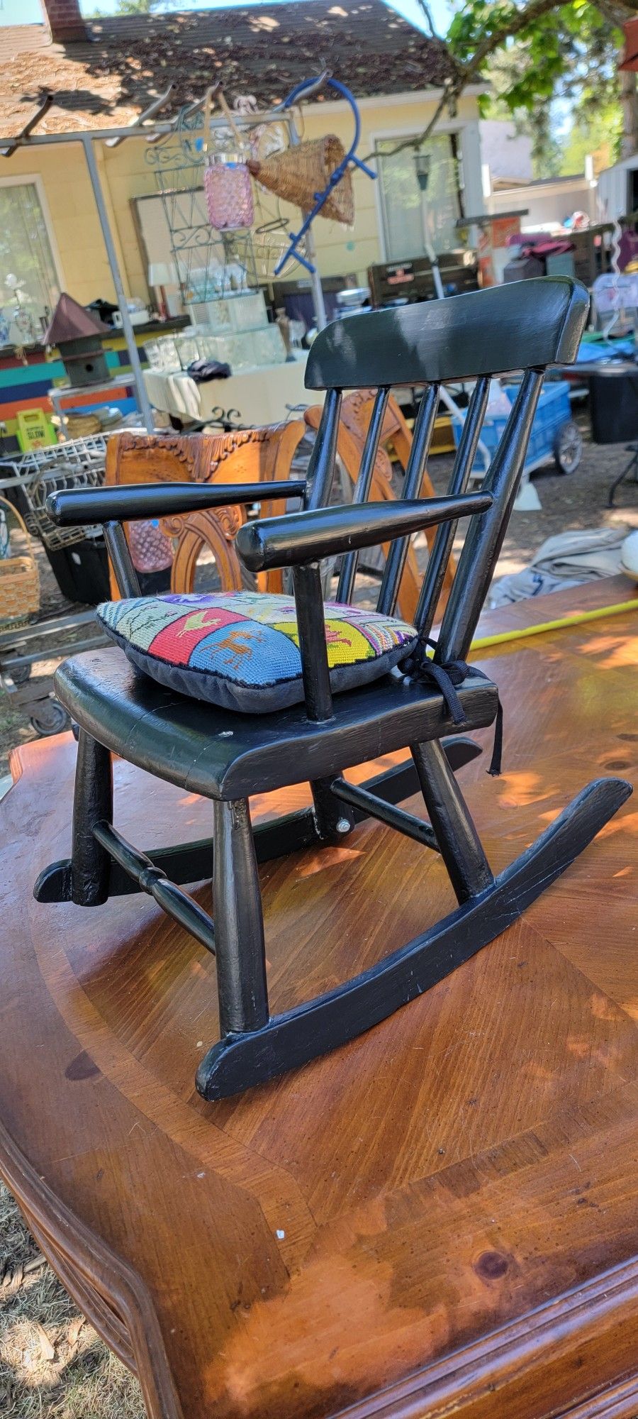 Vintage Kid's Rocking Chair With Needlepoint Cushion