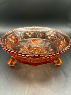 Pink glass bowl with etched  butterflies