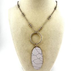 Glass Faux Stone White Gray Foil Y-Drop Gold Tone 36” Necklace