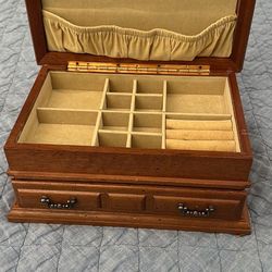 Wood and Marble Jewelry Box with Bottom Drawer Compartment, Lid Has Necklace Hooks, Section for Ring