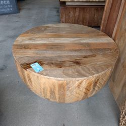 Hand Carved Round Drum Coffee Table In Natural Mango wood