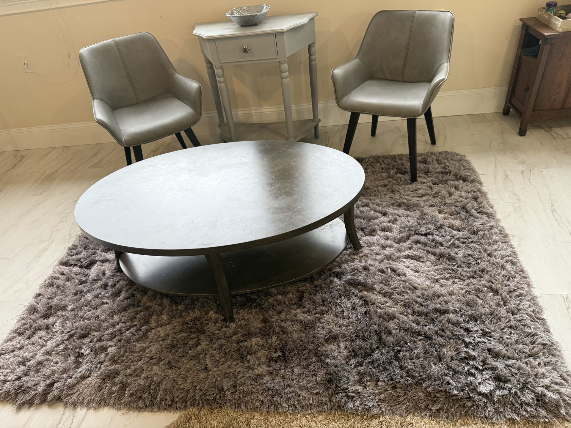 Gray living room set - leather chairs, table, console, rug