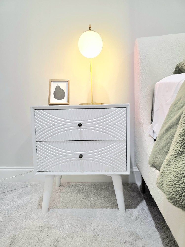 2 White London Nightstands – Like New, Felt-Lined Drawers – $300