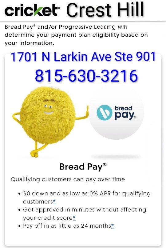 Crest Hill Cricket On Plainfield Rd & Larkin Ave New Payment Plan Available With Bread Pay