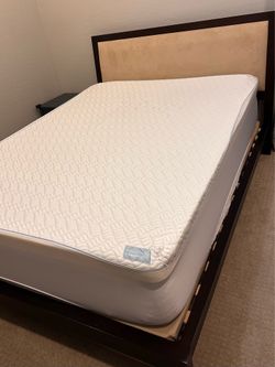 Dark wood Queen Platform Bed with Upholstered Headboard- mattress not included