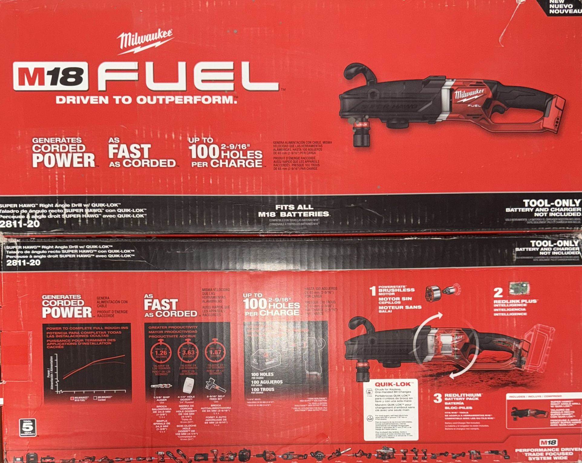Milwaukee M18 Fuel Super Hawg Right Angle Drill w/Quik-Lok. Tool Only. Model #2811-20