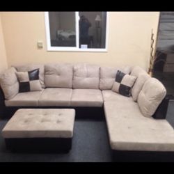 Beige Tan Microfiber Sectional Couch And Ottoman