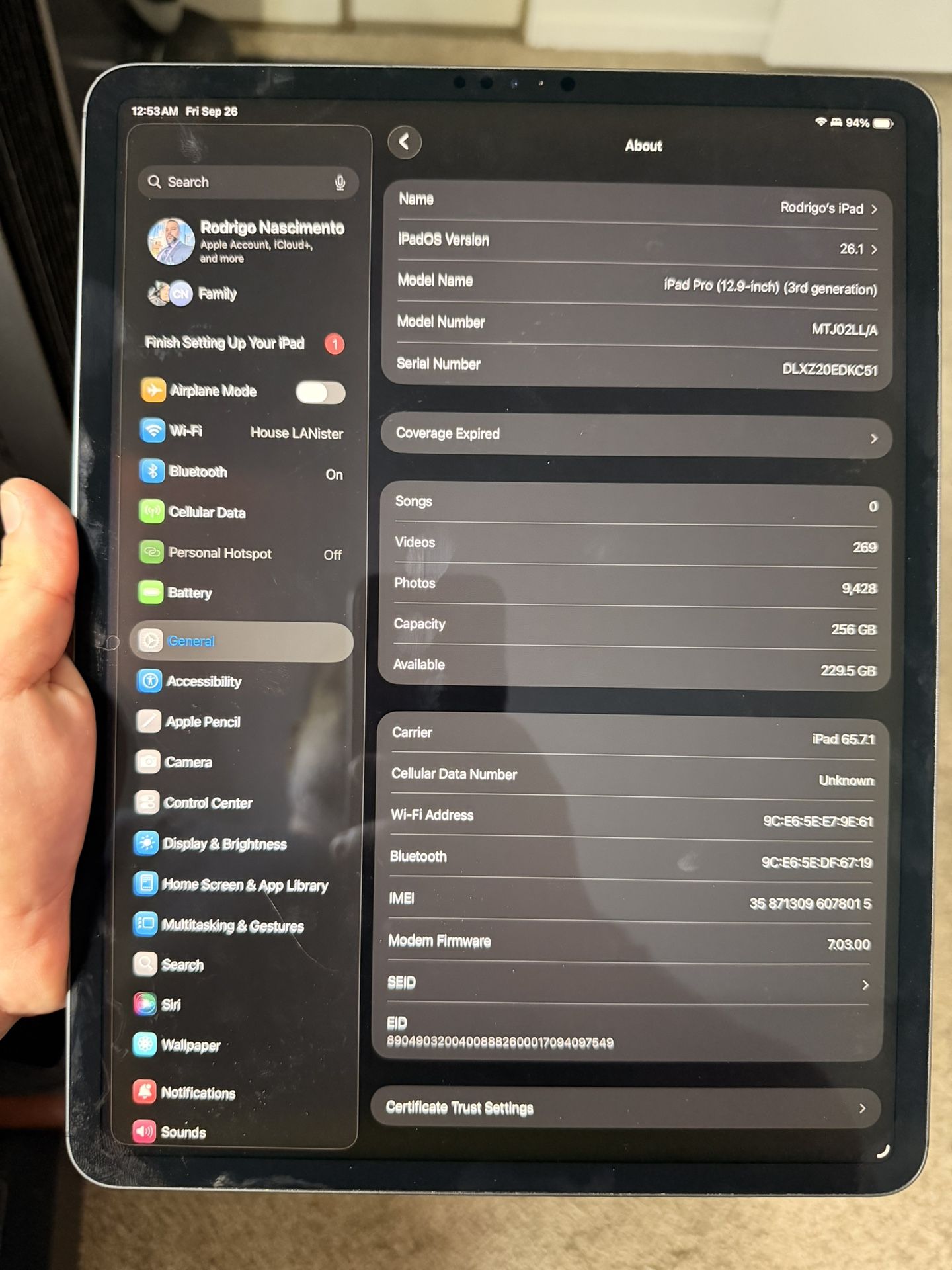 iPad Pro 12.9-inch 3rd Gen (2018) 256GB WiFi + Cellular (Unlocked, A2014) - Pristine Condition